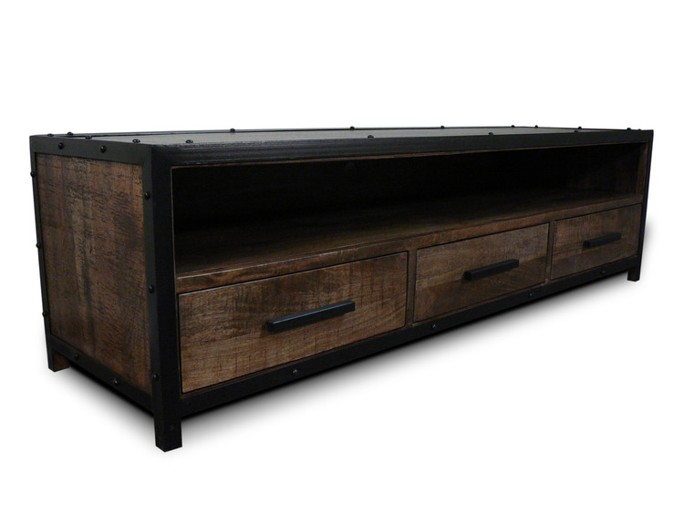 Industrial Mango 3 Drawer Lowline TV Entertainment Unit Solid Hardwood