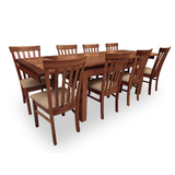 Kallista Tasmanian Blackwood 1550-2550 Extendable Dining Set with 8 x Matilda Dining Chairs - COFFEE Upholstered Seat