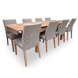 Kallista Tasmanian Oak 1550-2550 Extendable Dining Set with 8 x Juni LIGHT GREY Fabric Chairs