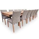 Kallista Tasmanian Oak 2400-3400 Large Extendable Dining Set with 12 x Juni LIGHT GREY Fabric Chairs