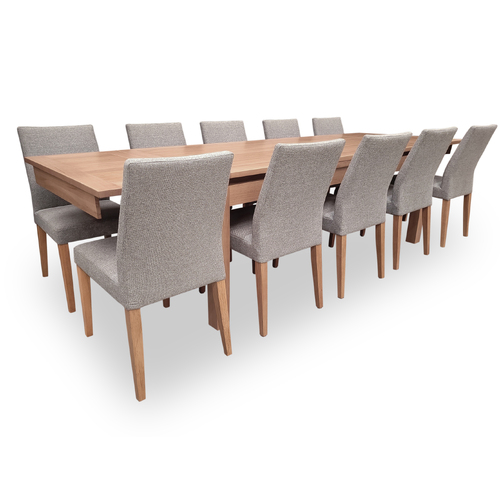 Kallista Tasmanian Oak 2050-3050 Extendable Dining Set with 10 x Juni LIGHT GREY Fabric Chairs